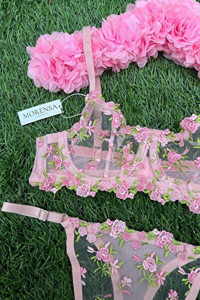 Morensa Σετ σουτιέν με δαντέλα και ροζ λουλούδια με εσώρουχα