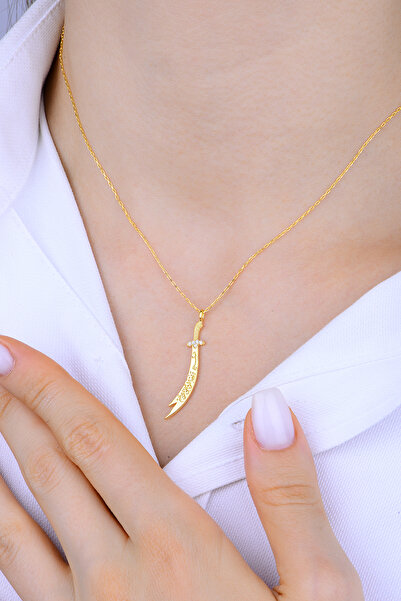 Bilsen Store 925 Ayar Gümüş Zincirli Altın Kaplama Zülfikar Kılıcı Kolye