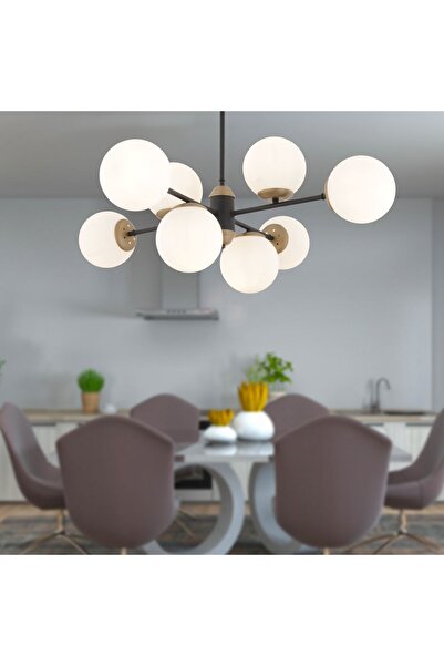 Apliqa Beria 8'li Sıralı Eskitme Beyaz Camlı Modern Oturma Odası Salon Avize