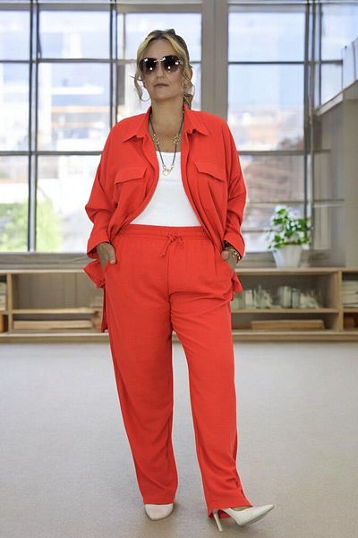 yagmurberen Plus Size Cotton Viscose Shirt and Lace-up Pants Set - Pocketed, Buttoned