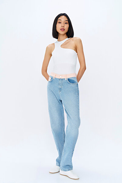 Quzu Renkli Bel Detaylı Geniş Paça Kot Pantolon Mavi