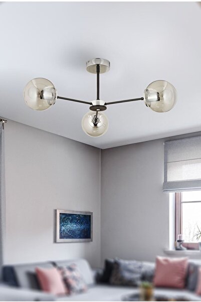 Apliqa Nide 3Lü Siyah Krom Bal Camlı Modern Genç Odası Yatak Odası Retro Salon Avize