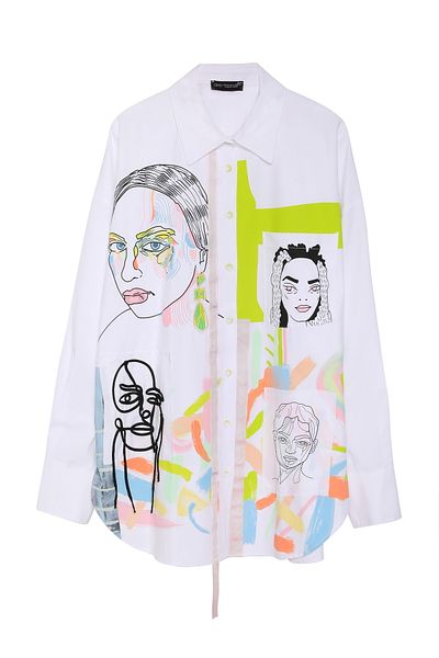 Quzu White Oversize Shirt - Face Printed and Colorful