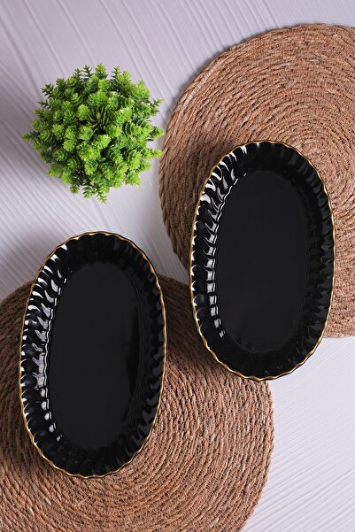 FBE HOME Yaldızlı Oval Servis Tabağı, Sunum Tabağı, Salata Tabağı 2 Adet Siya...