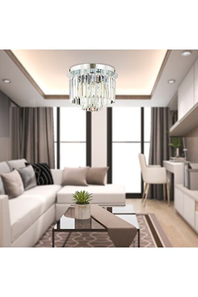 Apliqa Nilüfer 2 Katlı Küçük Krom Kaplama Yuv. Kristalli Taşlı Modern Tasarım Kristal Salon Avize