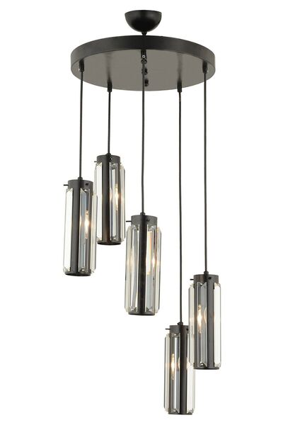 Apliqa Natali 5 Li Yuvarlak Siyah Modern Kristalli, Taşlı Modern Tasarım Kristal Salon Sarkıt Avize