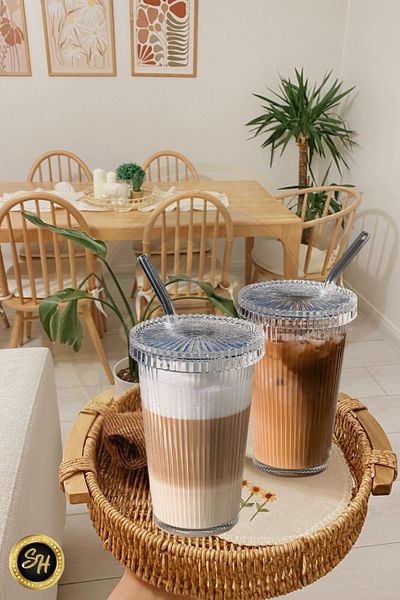 Snow Homs 400 ml Origami Style Glass Cup - 2 Pieces, with Glass Lid and Straw, Coffee and Presentation Cup, Soft Drink Cup