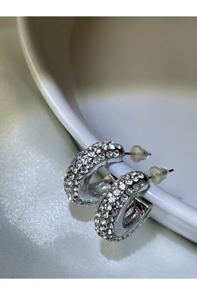 Lavian Accessories Gümüş Renk Zirkon Taşlı Halka Küpe