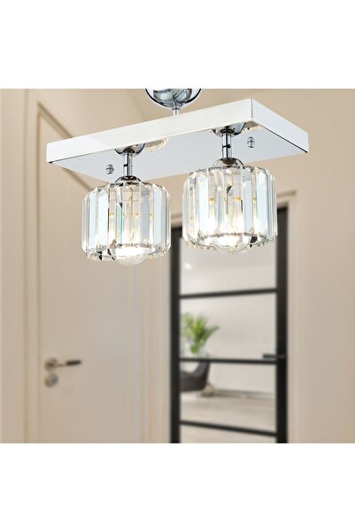Apliqa Sabrina 2 Li Krom Kaplama Plafonyer Kristalli Taşlı Modern Tasarım Kristal Salon Avize