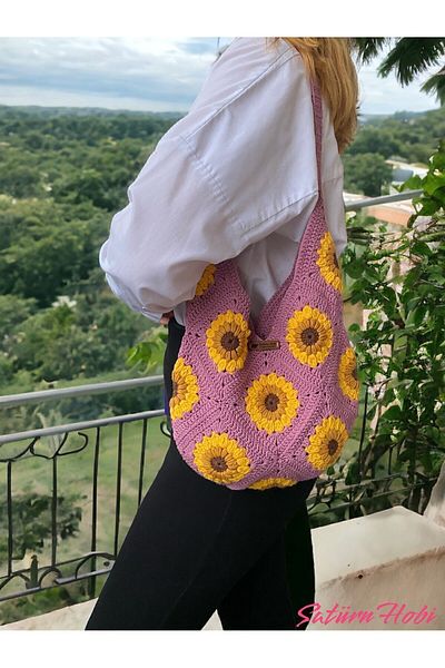 Satürn Hobi Sunflower Motif Knitted Bag - Lined