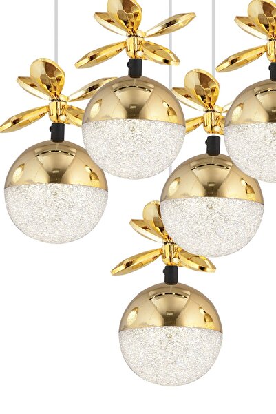 Apliqa Lokken 5'li Yuvarlak 50 Watt Gold Kristal Ledli Modern Oturma Odası Salon Sarkıt Avize