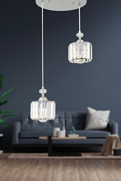 Apliqa Saka 2Li Yuvarlak Sarkıt Krom  Kristalli, Taşlı Modern Tasarım Kristal Salon Sarkıt Avize