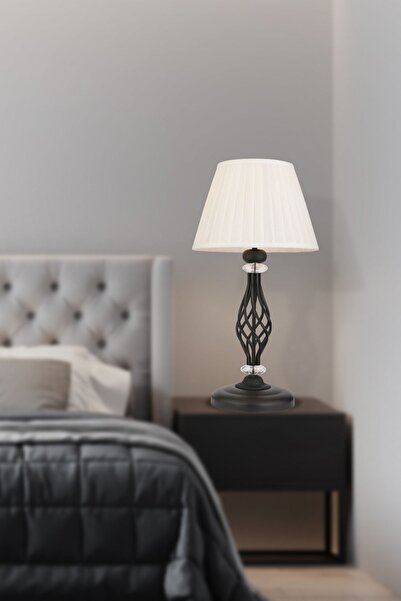 Apliqa Merina Siyah Kristal Taşlı Beyaz Şapkalı Dekoratif Yatak Odası-Salon Retro Abajur