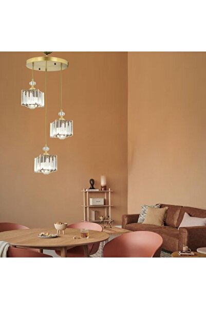 Apliqa Brandy Eskitme 3 Lü Yuvarlak Sakıt Kristalli Taşlı Modern Tasarım Kristal Salon Avize