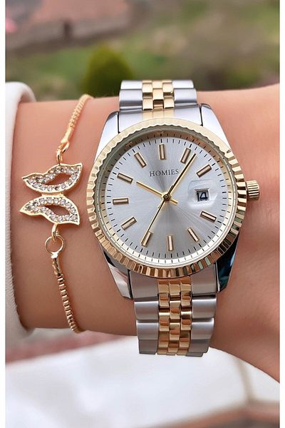 Homies Yellow Silver Colored Waterproof Women's Wristwatch and Bracelet Gift