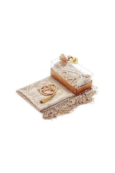 İhvan Dark Cream Color Mevlid Gift Set - With Prayer Beads and Shawl Cover
