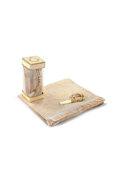 İhvan Cream Colored Dear Mother Prayer Mat and Pearl Prayer Beads Set with Window
