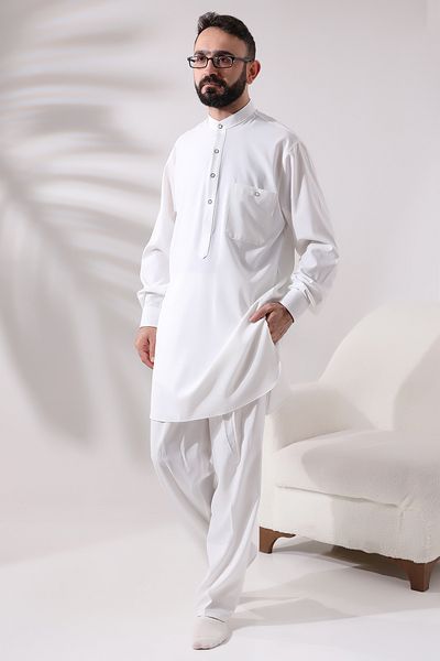 ihvanonline Мъжки афганистански костюм от вискоза - Berat Hajj и Umrah Outfit, Екрю