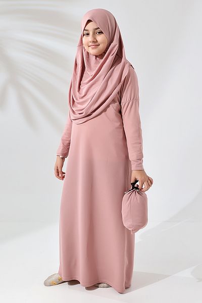 ihvanonline One Piece Practical Children's Prayer Dress with Headscarf Dried Rose