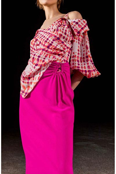 KAMEYA Ecru Orange Patterned Off Shoulder Blouse