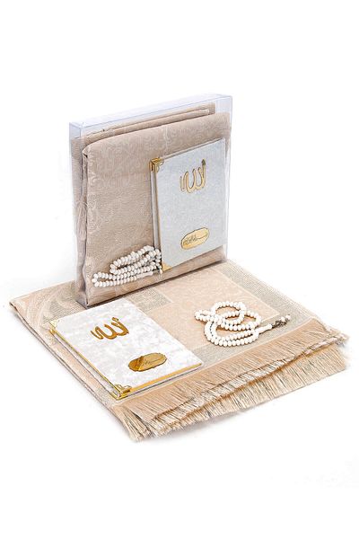 ihvanonline Velvet Yasin Book in Bag Size - Prayer Rug - Mevlid Gift Cream with Prayer Beads and Transparent Box