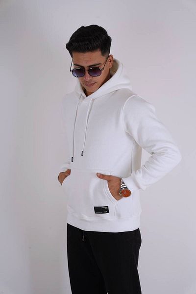 Est Estola Men's Hooded and Kangaroo Pocket White 3 Thread Sweatshirt