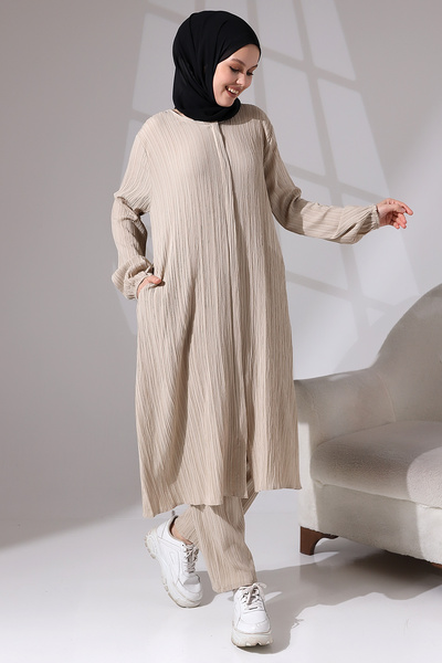 ihvan online Γυναικείο κοστούμι δύο τεμαχίων σε μπεζ χρώμα - ύφασμα περιτυλιγμένο, κρυφό φερμουάρ, ρούχα Hajj Umrah