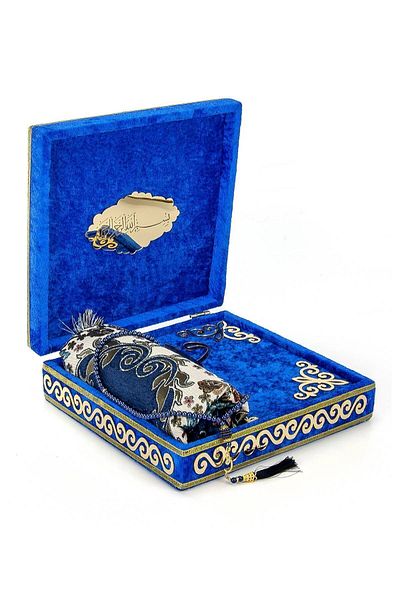 ihvanonline Velvet Covered Quran Set with Prayer Rug and Storage Dark Blue