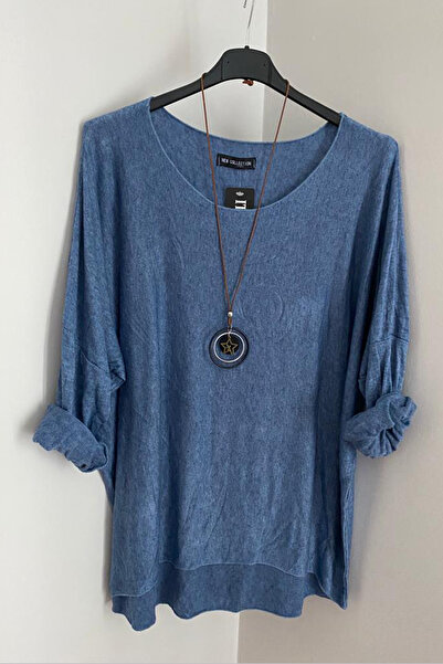 AYASOFYA OTANTIK Bluză de damă din tricotaje casual albastru indigo italian cu accesorii pentru colier