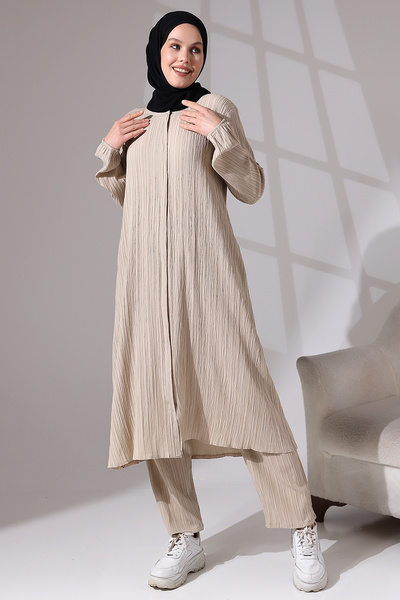 ihvan online Γυναικείο κοστούμι δύο τεμαχίων σε μπεζ χρώμα - ύφασμα περιτυλιγμένο, κρυφό φερμουάρ, ρούχα Hajj Umrah