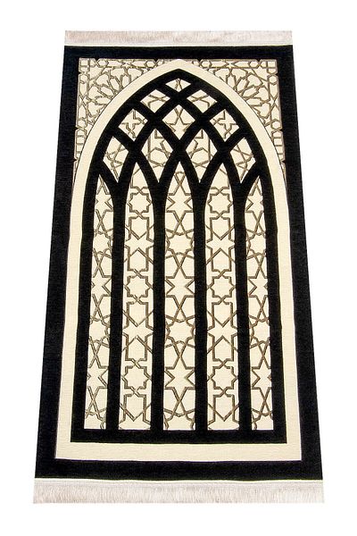 ihvanonline Star Patterned Chenille Prayer Rug - Black