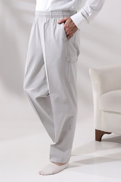 ihvanonline Men's Gray Side Pocket Relaxed Cut Elastic Waist Cargo Hajj and Umrah Shalwar Trousers