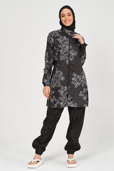 ALFASA Full Covered Embroidery Patterned Women's Hijab Swimsuit - 24235 Black