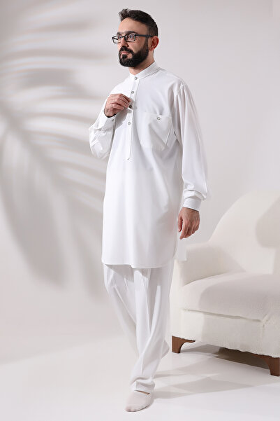 ihvan online Men's Viscose Afghan Suit - Berat Hajj and Umrah Clothing, Ecru