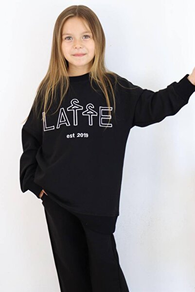 Riccotarz Latte Printed Wide Leg Sweater and Black Tracksuit Set - Girl