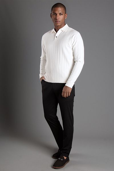 JR9 White Textured Striped Polo Knitwear Sweater 2330