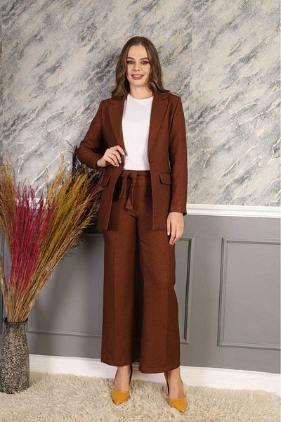 iremiss Brown Women's Elastic Belted Wool Effect Winter Fabric Trousers