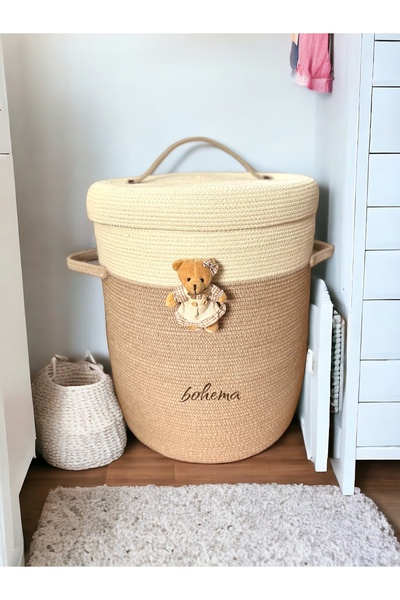 Bohemahomedecor Ψάθινο καλάθι παιχνιδιών από γιούτα