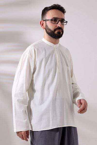 ihvanonline Cămașă de in pentru Hajj și Umrah, cu guler judecător cu 3 nasturi, crem