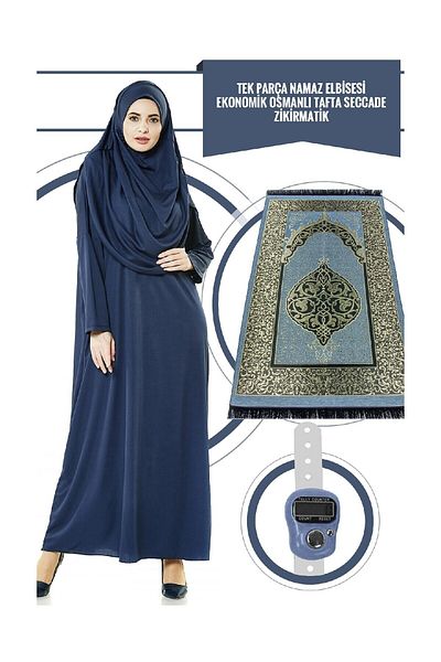 İhvan Μπλε Navy Blue One Piece Prayer Dress - 5015 και χαλί προσευχής και Zikirmatik Σετ τριών