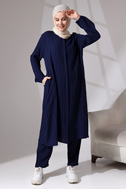 ihvan online Γυναικείο τυλιγμένο ύφασμα με κρυφό φερμουάρ Διπλό κοστούμι Hajj Umrah Στολή Navy Blue