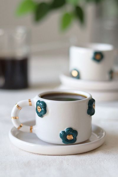 ada mia seramik 24K Gold Decorated 2-Piece Floral Ceramic Cup Set - 120ml