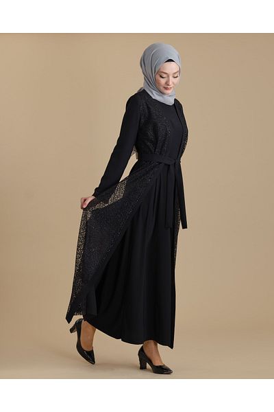 ihvanonline Μαύρο διπλό Abaya διάφανο κρυστάλλινο πέτρινο χιτζάμπ με ζώνη