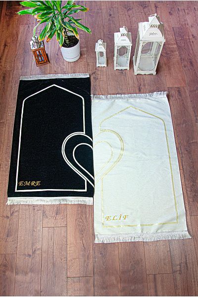 ihvanonline Name Embroidered Soft Textured Chenille Prayer Rug Set with Hearts for Couples Black Cream