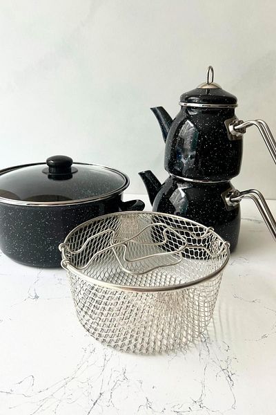 Taşev Midnight Dalmatian - Enameled 18 cm Frying Pot and Teapot Set