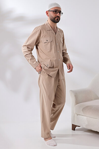 ihvan online Men's Linen Safari Set - 4 Pockets, Beige Hajj Umrah Outfit