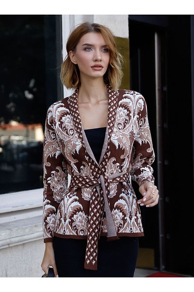 Threeco Knitwear Belted Branch Pattern Cardigan - Brown - Threeco