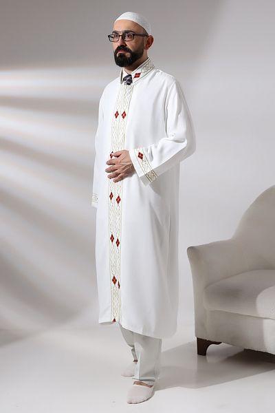 ihvanonline White Men's Prayer Dress Pattern Embroidered Judge Collar İmam Cube