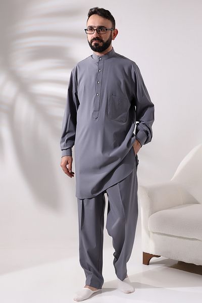 ihvanonline Men's Gray Viscose Afghan Suit - Berat Hajj and Umrah Dress Double