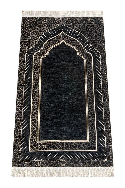 ihvanonline Mihrab Patterned Lined Chenille Prayer Rug - Black